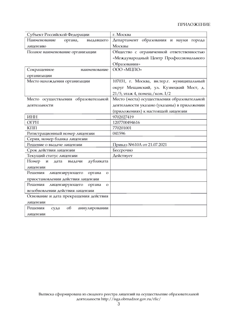 Сведения о лицензии № 041596: ООО «МЦПО», бессрочная, действует
