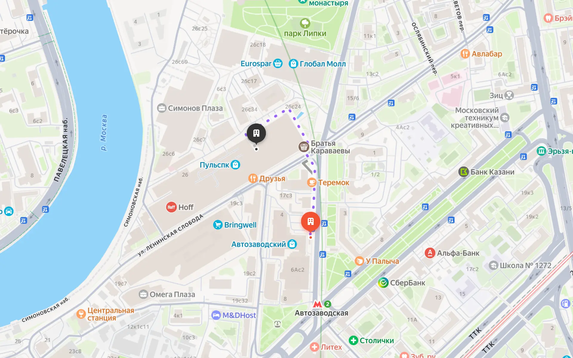 Карта: МЦПО, Автозаводская, маршрут от метро